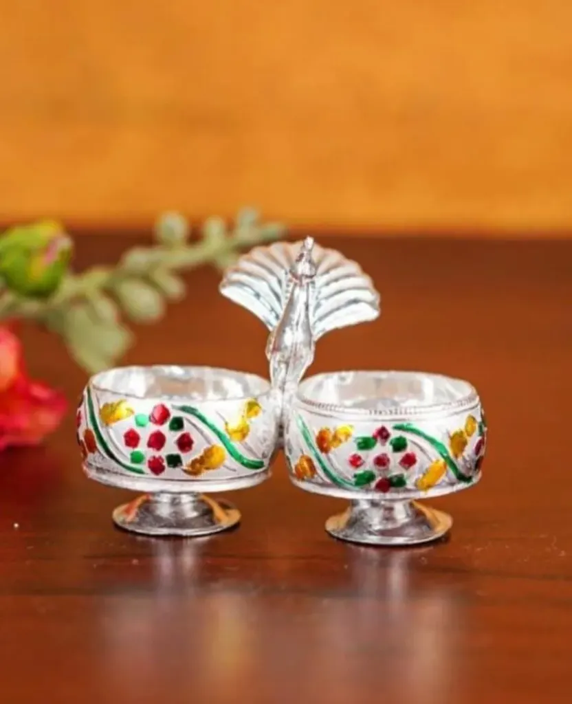 German Silver Kumkum Holder with Meenakari Design Embossed Desify