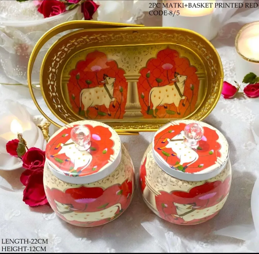 GOLDGIFTIDEAS Pichwai Dry Fruit Jar with Basket for Wedding, Pichwai Jars for Return Gift, Nuts Box with Lid, Diwali Gift, Return Gifts for Housewarming Ceremony