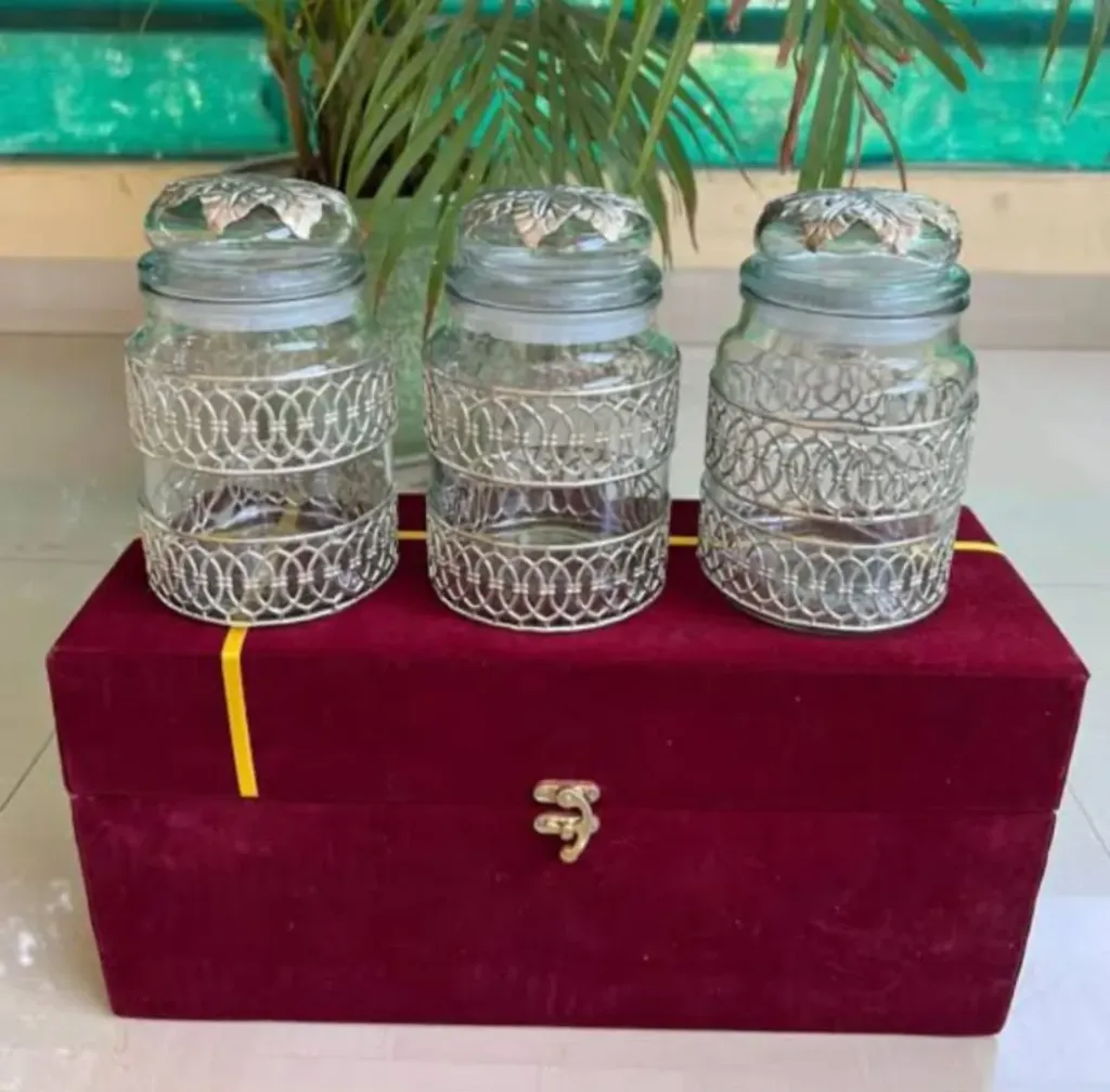 Buy German Silver Set of 3 Snack Glass Jars, Gift for Wedding Anniversary, Dry Fruit Jars, Stora...