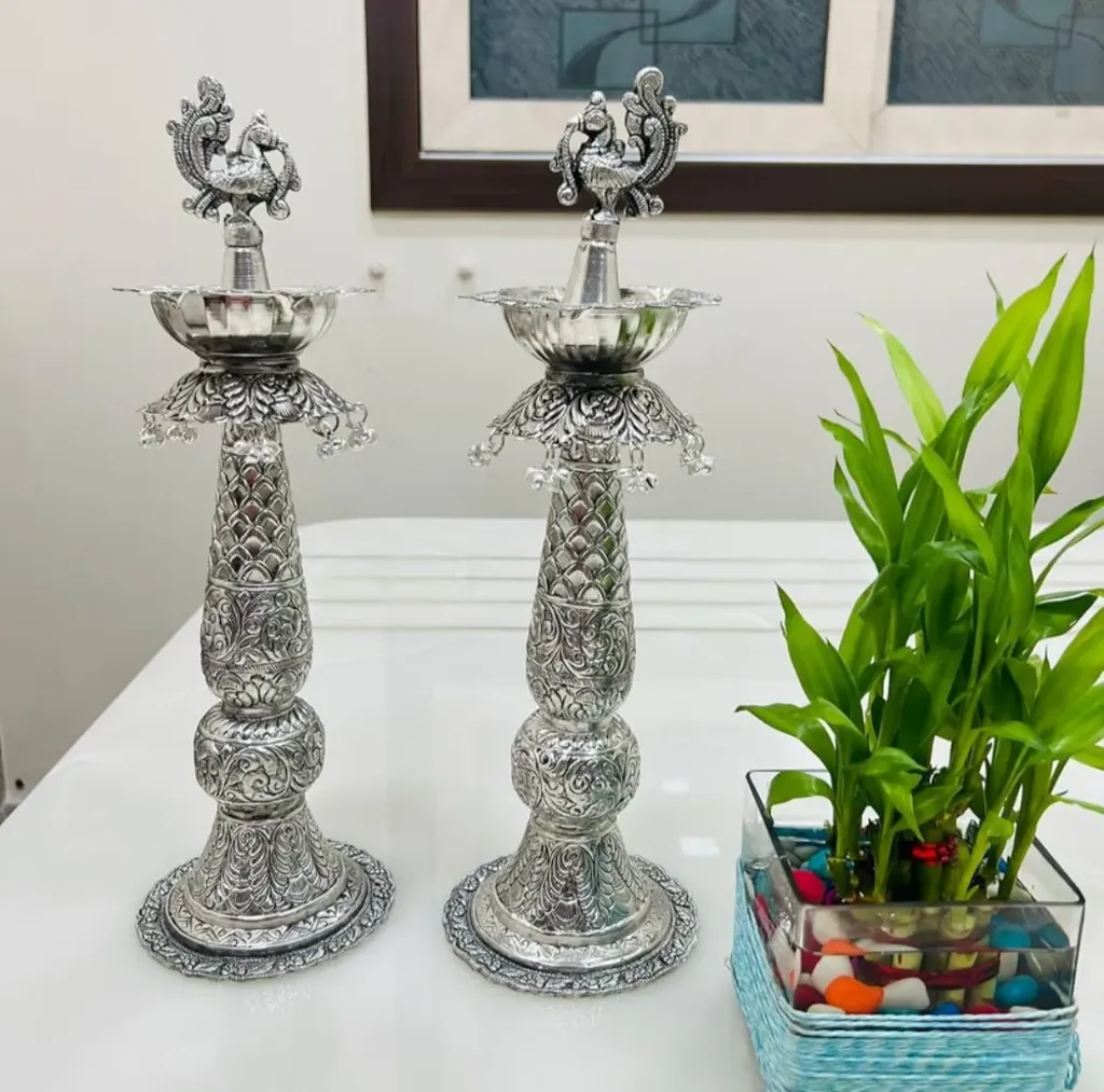 Buy German Silver Hand Engraved Peacock Samai Pair / Diya Stand Pair for Decoration & Gifts - Pack ...