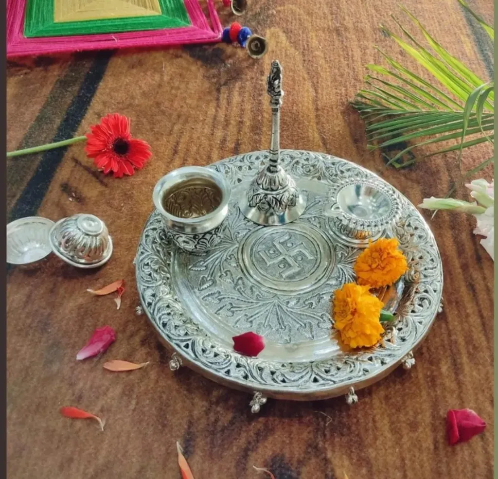 Govind Art Antique German Silver Pooja THALI Set with 2 Bowls