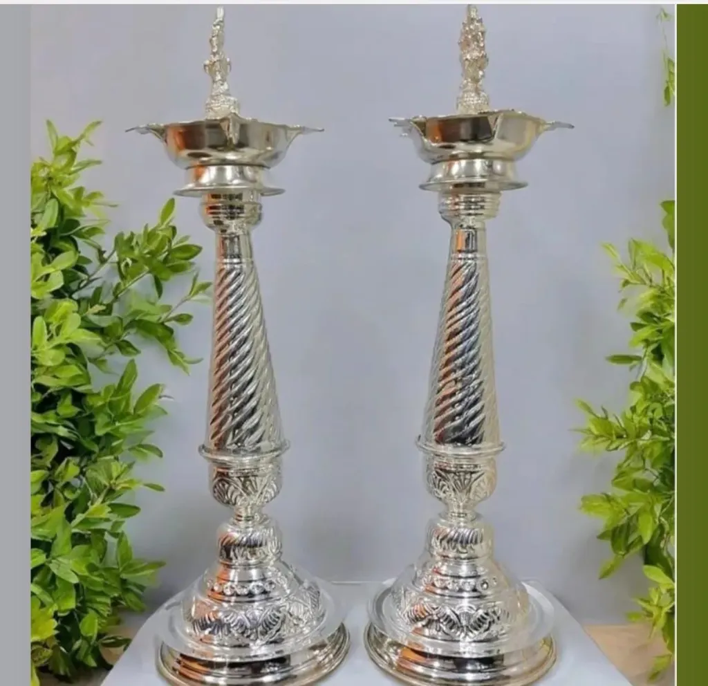 German Silver Hand Engraved Peacock Samai Pair/Diya Stand Pair for Decoration & Gifts (Antique)